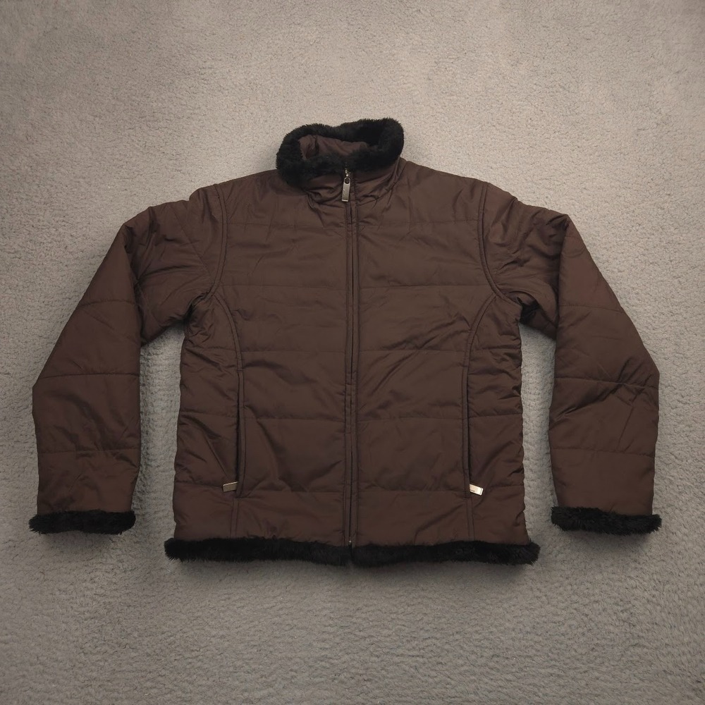 Spyder Ladies Winter Jacket Small Brown Quilted Full Zip Faux Fur‎ Trim Warm